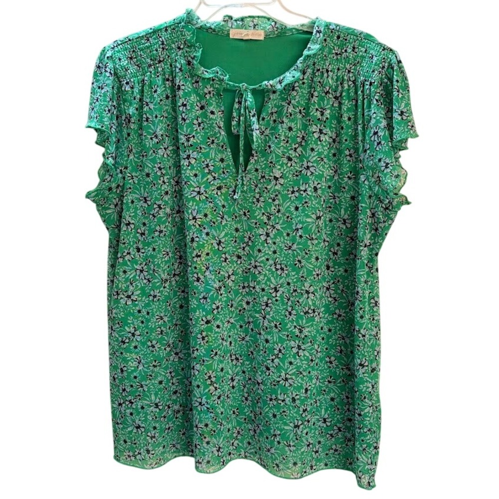 Joie de Vivre Floral Blouse Wmn M Green Polyester Boho‎ Ruffle Tie Neck Chic Top